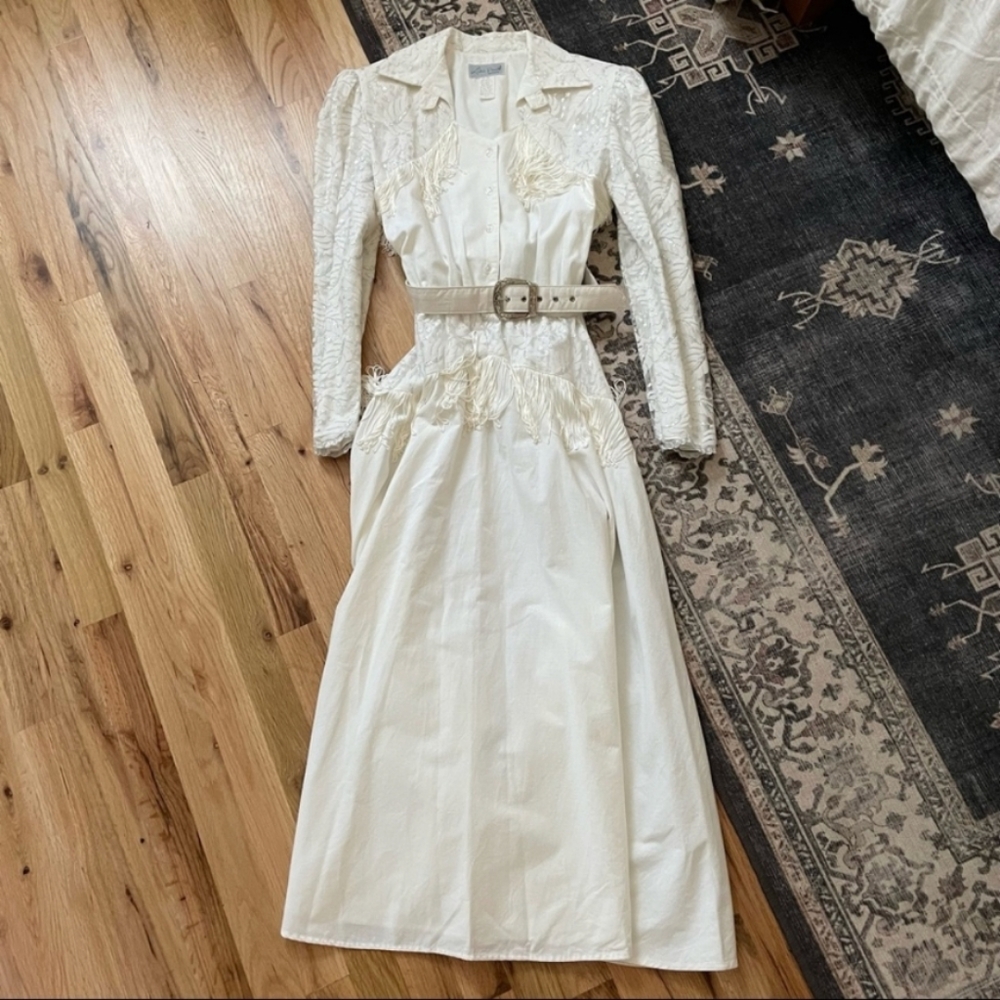 Vintage Lilia Smitty White Silver Fringe Belted Western Rockabilly Dress 9/10